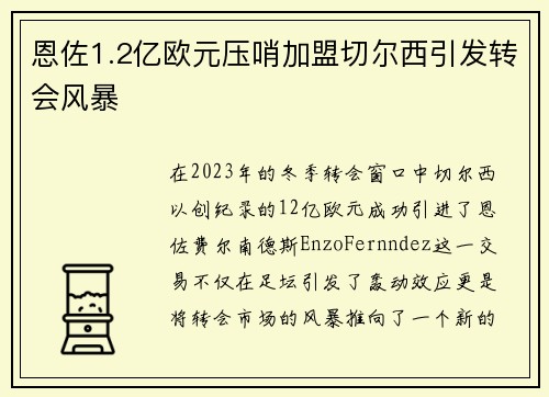 恩佐1.2亿欧元压哨加盟切尔西引发转会风暴