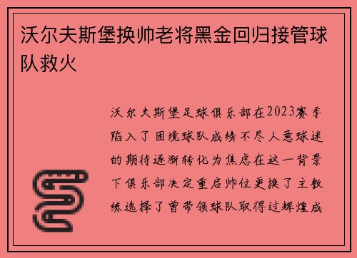 沃尔夫斯堡换帅老将黑金回归接管球队救火